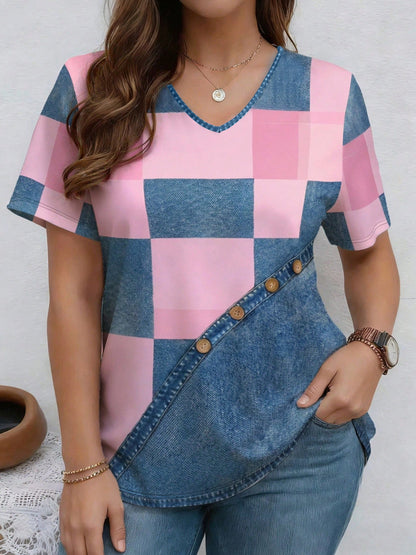 V-Neck Denim Print Short Sleeve T-Shirt | Loose Casual Tee FitiqueFit
