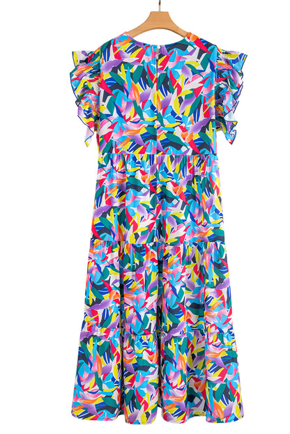 Blue Geometric Print Ruffled Short Sleeve Plus Size Tiered Maxi Dress Garden Naked Curves