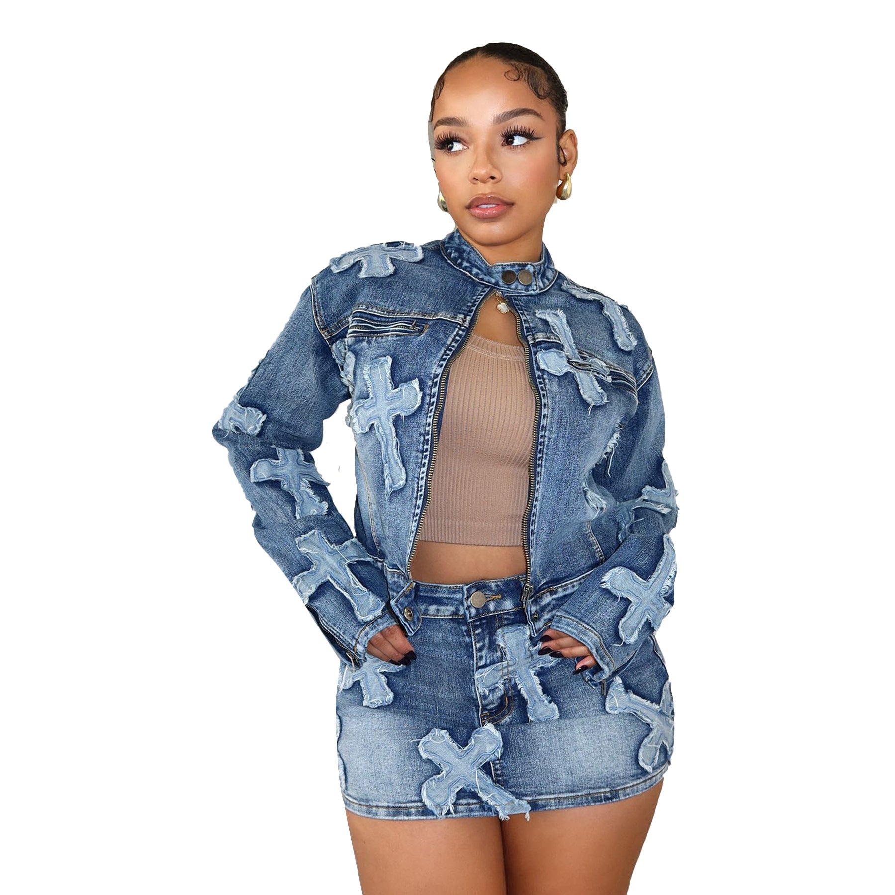 Denim Embroidered Short Skirt Jacket Suits Suit See size chart under “more details” The Fashion Celestial