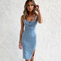 New U-neck Suspender Denim Dress Summer Casual Tight Slim Fit Dresses With Slit Design Womens Clothing New Era Fashion LLc