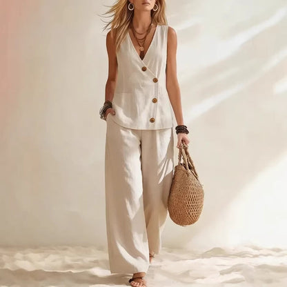 Women's Button-Up Cardigan Vest & Pants Set – Sleeveless Two-Piece FitiqueFit