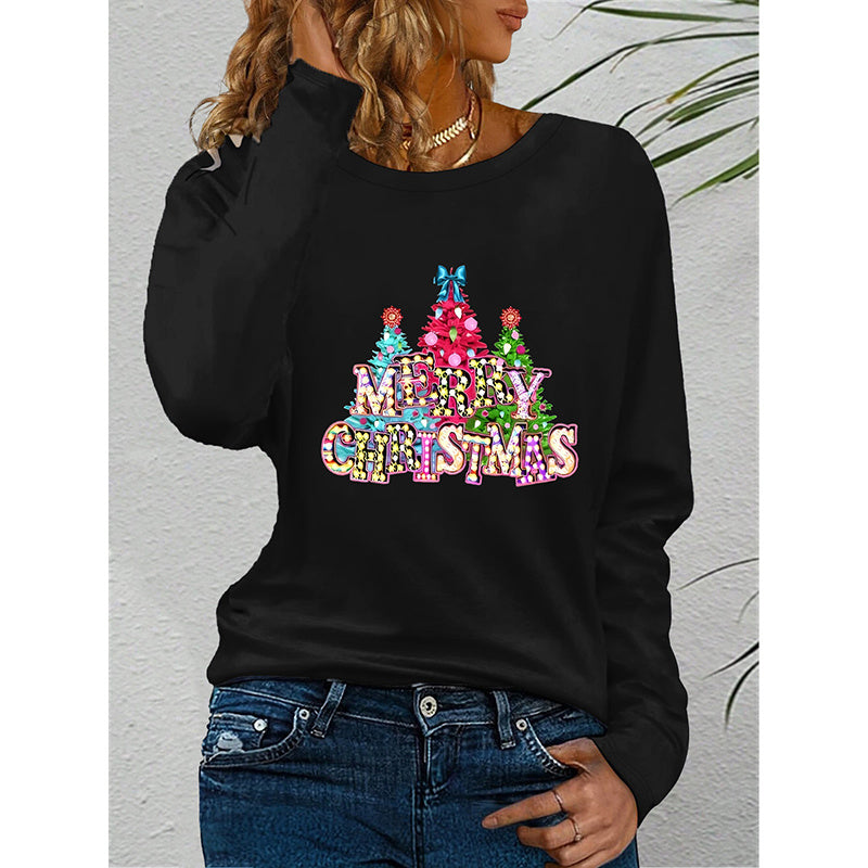 Women’s Long Sleeve Merry Christmas T-Shirt – Cute Christmas Tree Graphic Tee FitiqueFit