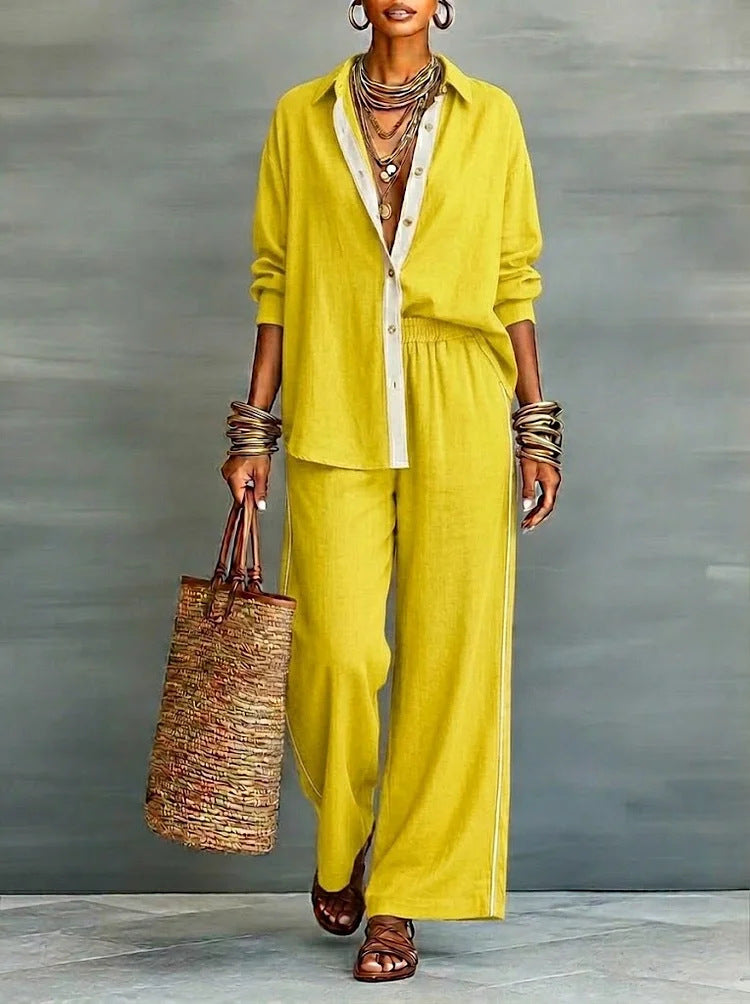 Contrast-Color Long-Sleeve Shirt & Pants Set – Two-Piece FitiqueFit
