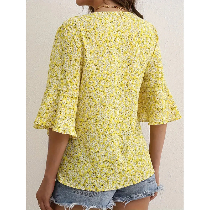 Womens Summer Floral Print Blouses V-Neck Flare Sleeve Tops FitiqueFit