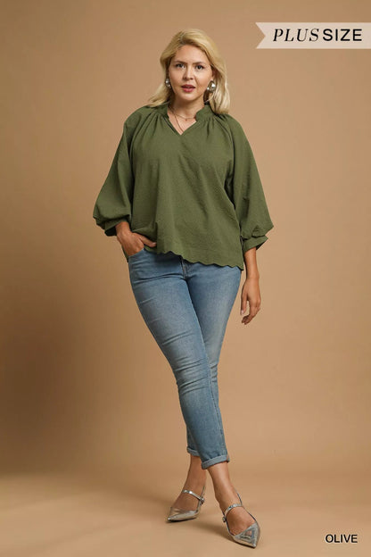 Umgee Full Size Textured Notched Balloon Sleeve Blouse Plus Size Garden Naked Curves