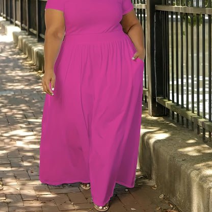 Plus Size Solid Short Sleeve Maxi Dress, Women's Plus Medium Stretch Elegant Long Dress NovaCart