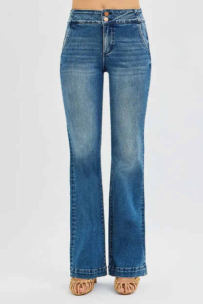 RISEN Full Size Tummy Control High Rise Bootcut Jeans with Double Button Waistband Plus Size West2East Surf