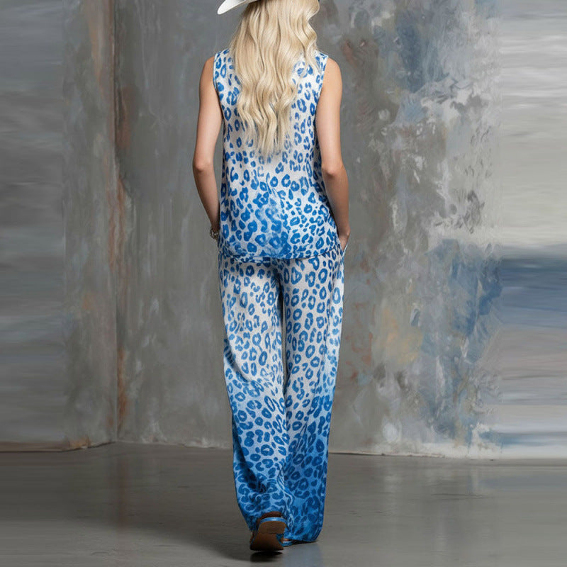 Loose-fit Leopard-print Sleeveless Shirt And Trousers Two-piece Set FitiqueFit