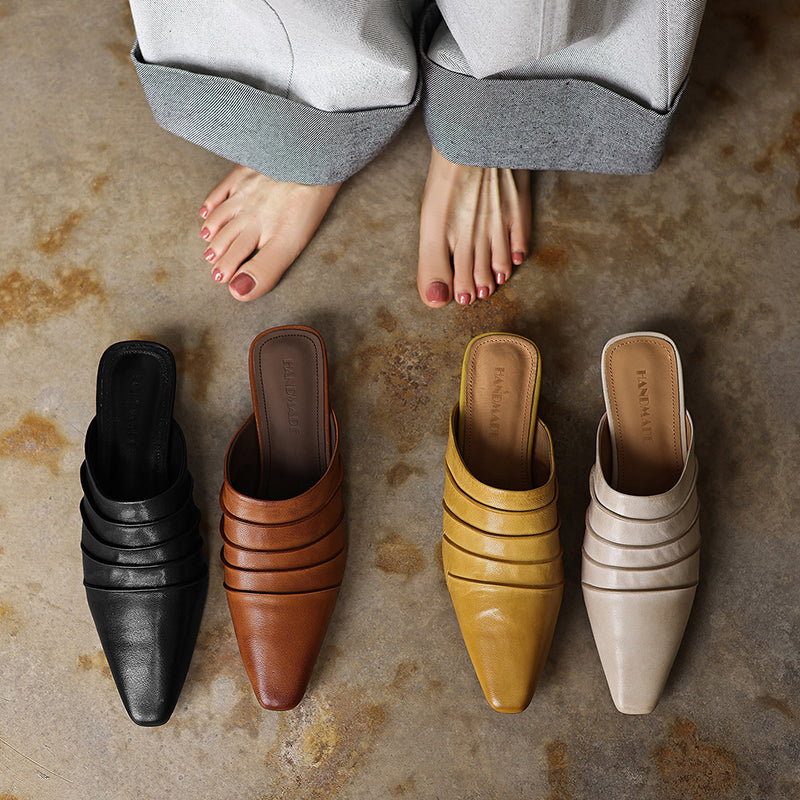 Handmade Sheepskin Ruched Mule Slides – Square Toe Low Heel FitiqueFit