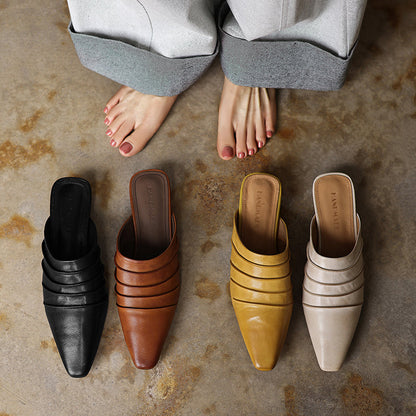 Handmade Sheepskin Ruched Mule Slides – Square Toe Low Heel FitiqueFit