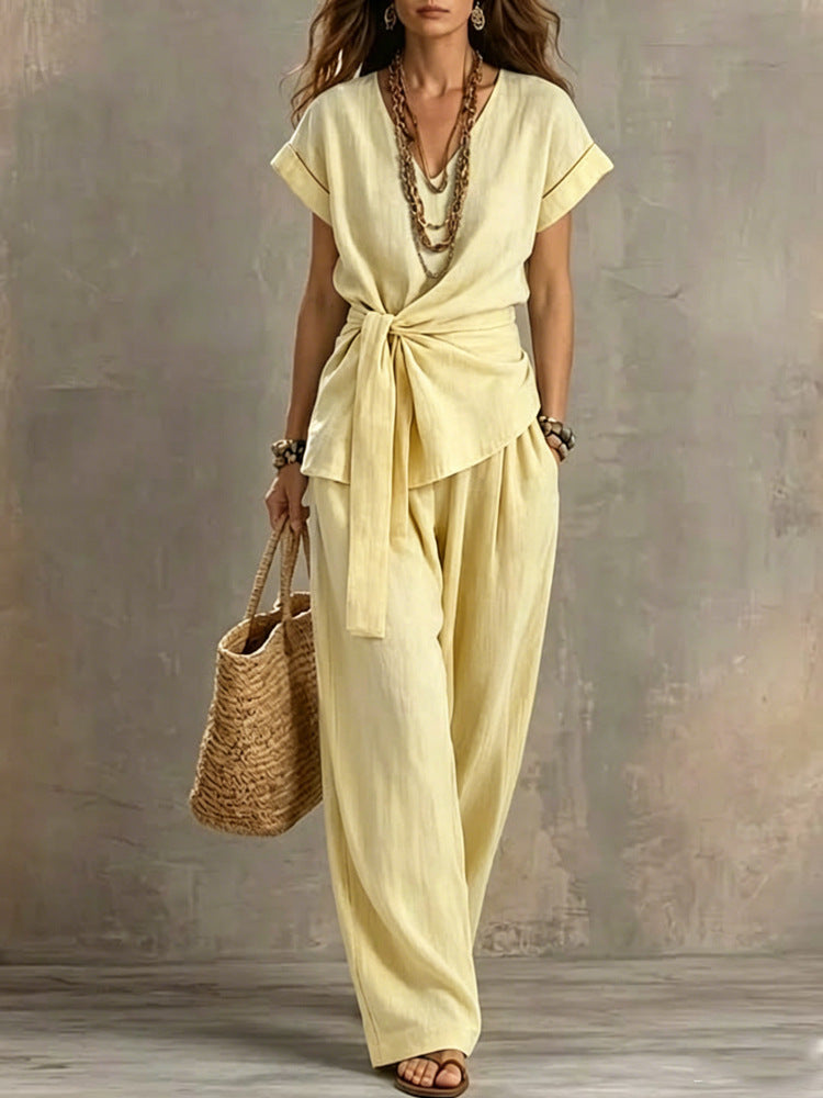 Women's V-Neck Short-Sleeve Top & Pants Two-Piece Set FitiqueFit