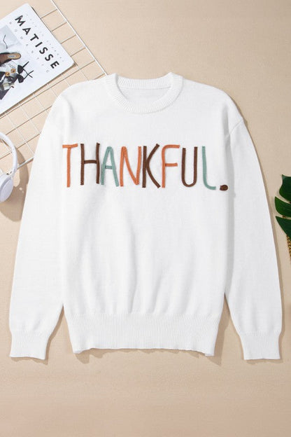 Thankful Embroidered Ribbed Trim Thanksgiving Swea Shop Style & More | Fresh Looks, Everyday Deals & Free Shipping