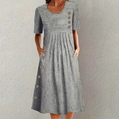 Button-Down Swing Maxi Dress – Short Sleeve Pocket Pullover Long Dress FitiqueFit