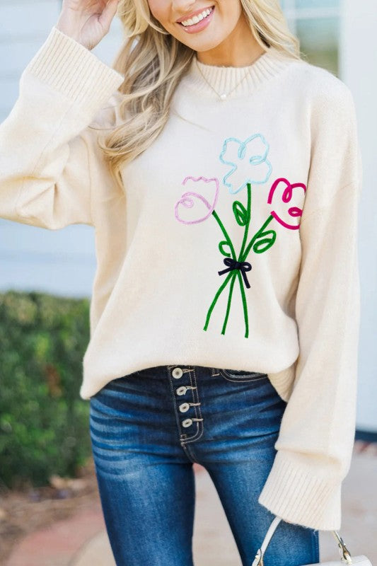 Embroidered Flower Ribbed Loose Sweater Shop Style & More | Fresh Looks, Everyday Deals & Free Shipping