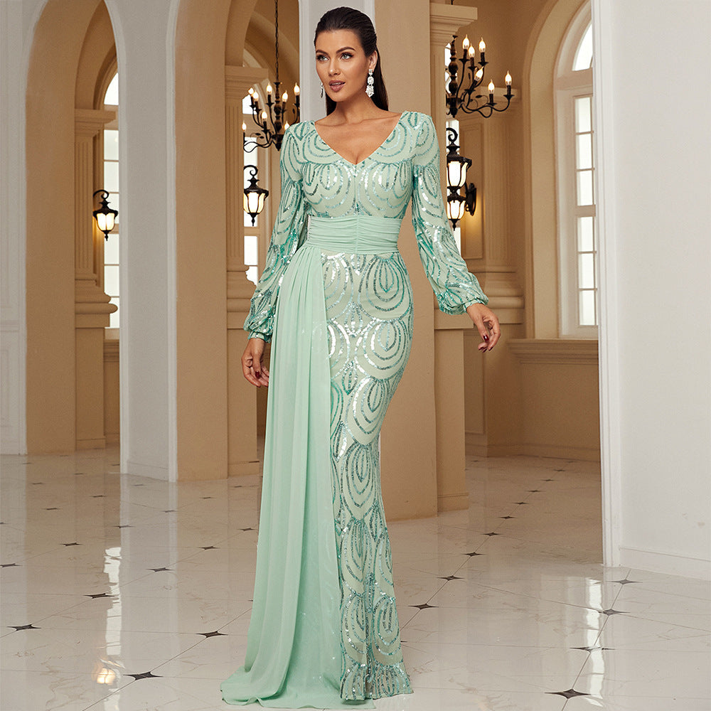 Long Sleeve Sexy Long Sequined V-neck Banquet Ribbon Evening Dress Grayceful LLC