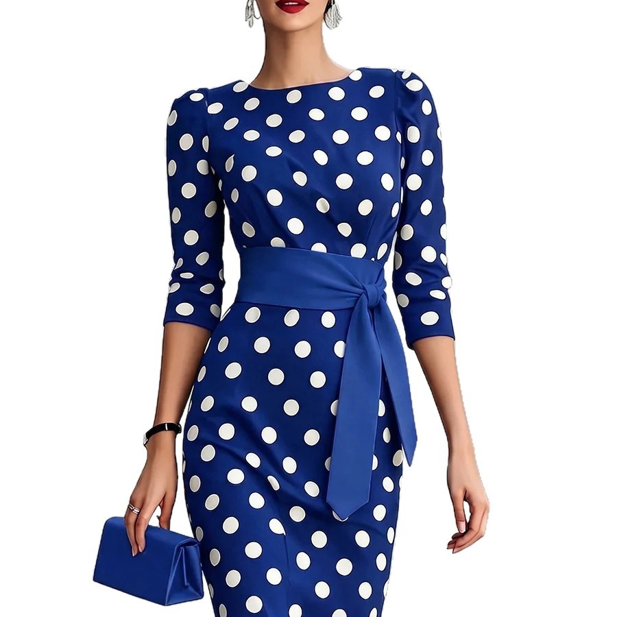 Women's Retro Polka-Dot Bodycon Midi Dress – Belted Cross-Tie FitiqueFit