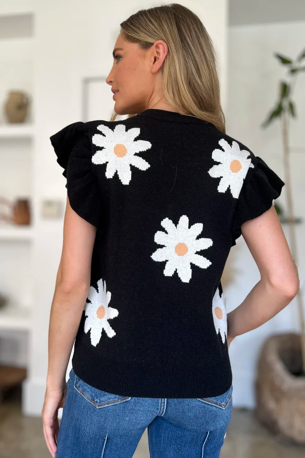 Double Take Full Size Ruffled Flower Round Neck Cap Sleeve Sweater New Era Fashion LLc