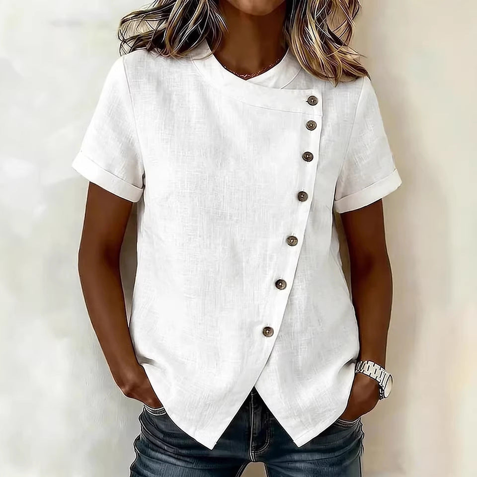 Women's Cross-Neckline Asymmetrical Hem Cotton Linen Top – Loose Fit FitiqueFit