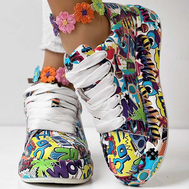 Women's Casual Round Toe Thick Sole Lace-Up Sneakers, Random Print Design, Comfortable Sporty Shoes For Daily Wear See size chart under “more details” The Fashion Celestial