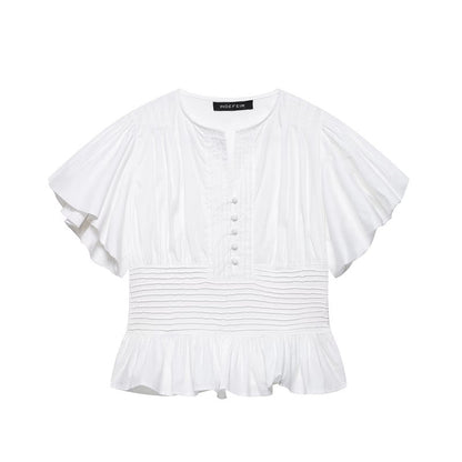 Women's Ruffle-Trim Puff-Sleeve Blouse Top – Slim-Fit Elegant FitiqueFit