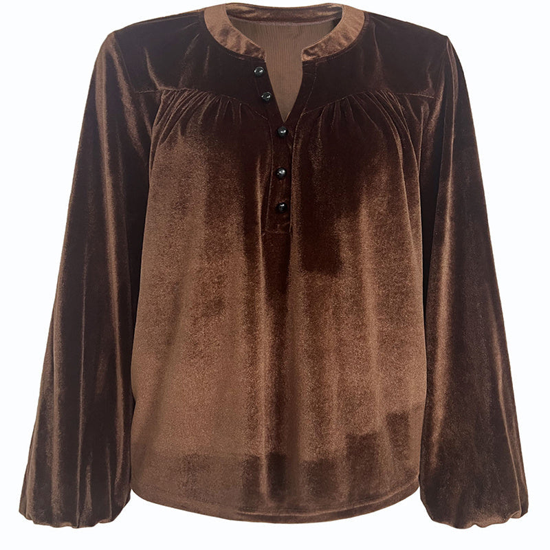 Women's Solid Color V-Neck Button Detail Long Sleeve Pullover FitiqueFit