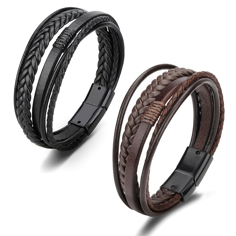 [Stylish Leather Bracelet] Stylish Durable 1pc Men's Hand-Woven Multi-Layer Leather Bracelet | with Buckle Closure, Versatile Accessory for Casual or Formal Wear NovaCart