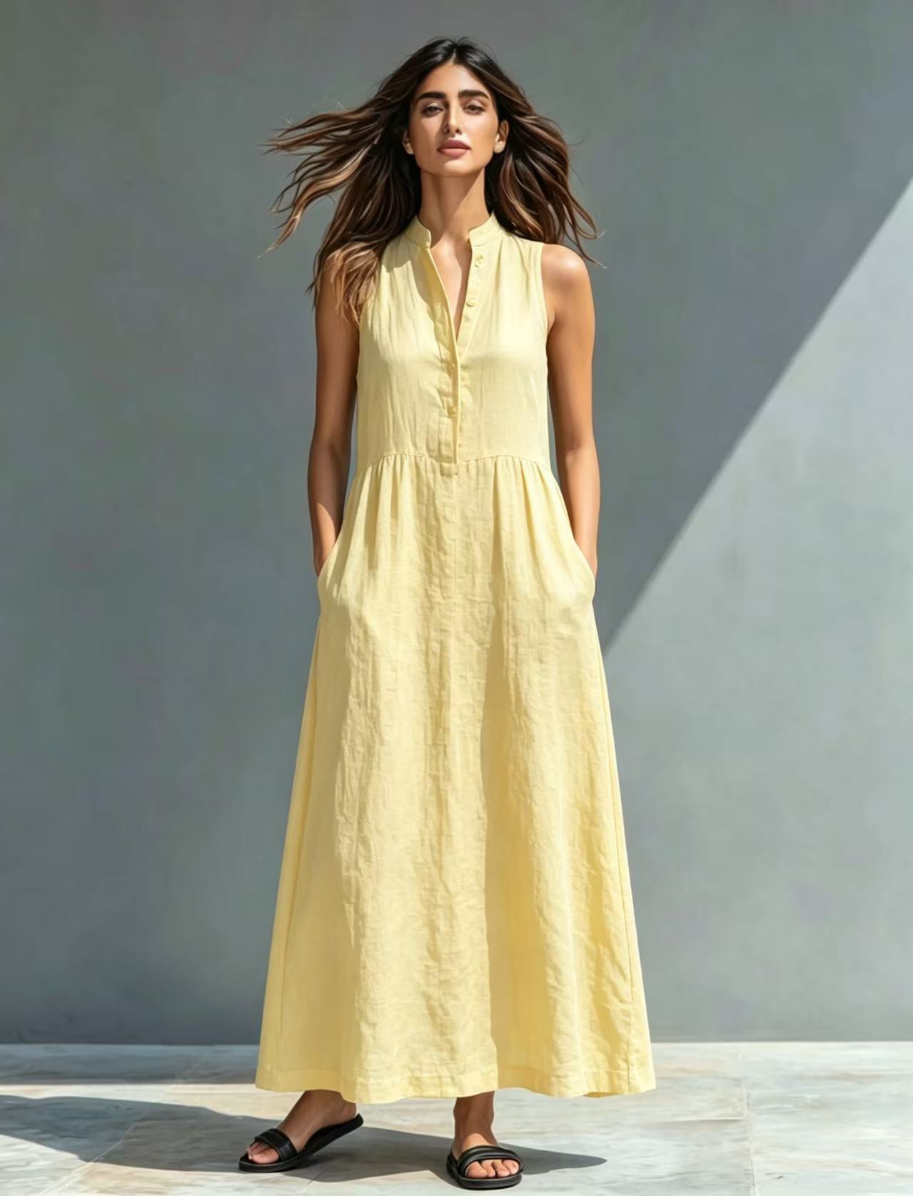 Women's Stand-Collar A-Line Maxi Dress – Resort & Vacation Style FitiqueFit