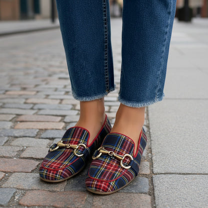 Women's Plaid Square Toe Flats – Buckle Casual Shoes in Red & Blue FitiqueFit