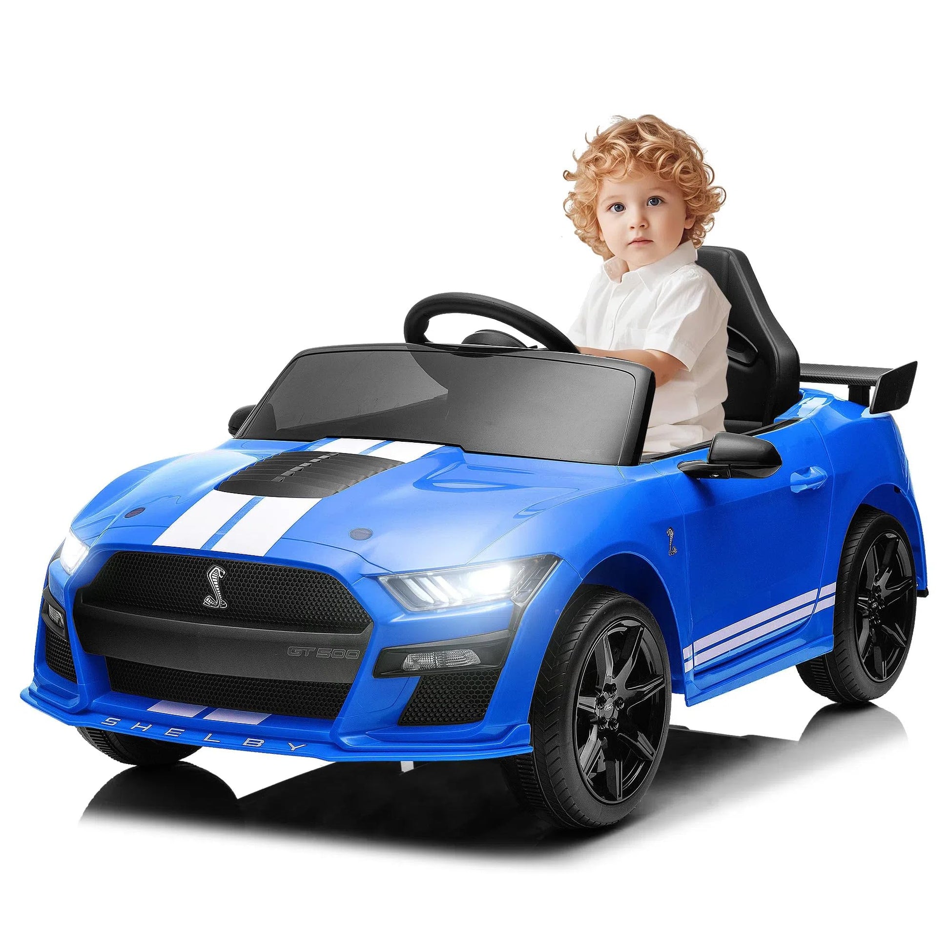 FUNTOK 12V 7AH Kids Ride On Car Licensed Ford Mustang Shelby GT500 Electric Car w/Remote Control 16 Spacious Seat 3 Speeds LED Lights Bluetooth Music Kids Electric Vehicles to Drive (Blue) New Era Fashion LLc