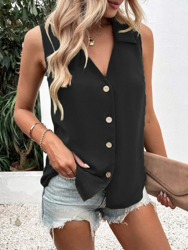 Women's Solid-Color Sleeveless Loose Vest Top – Button Detail FitiqueFit