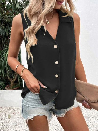 Women's Solid-Color Sleeveless Loose Vest Top – Button Detail FitiqueFit