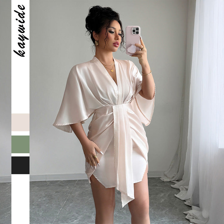 High-end Simple Style Deep V Waist Wide Sleeve Hip Skirt Dress Grayceful LLC