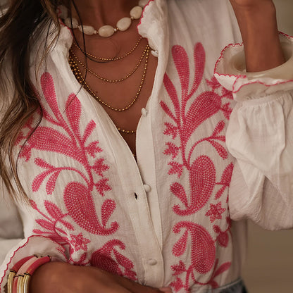 Boho Floral Ruffle Blouse — V-Neck Lantern Sleeve Button-Down Top FitiqueFit