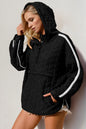 Double Take Contrast Trim Long Sleeve Half Snap Texture Hoodie with Pocket New Era Fashion LLc