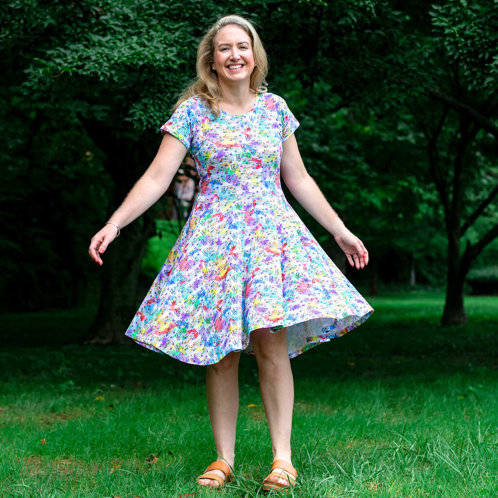 Adult "Staff Meeting" Rainbow Music Notes Super Twirler Dress with Pockets Princess Awesome & Boy Wonder
