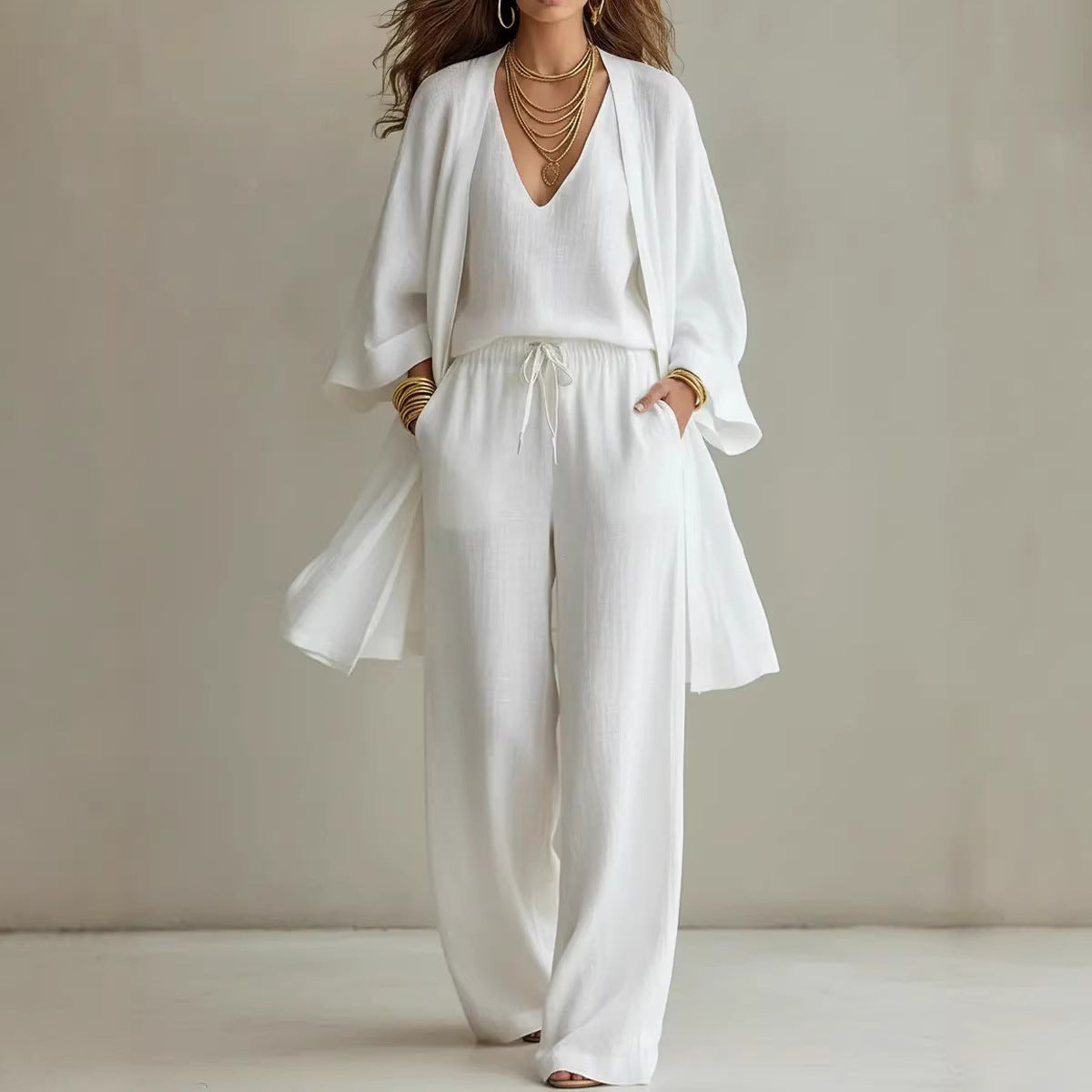 Women's V-Neck Cardigan Coat, Pocket Vest & Long Pants Three-Piece Set FitiqueFit