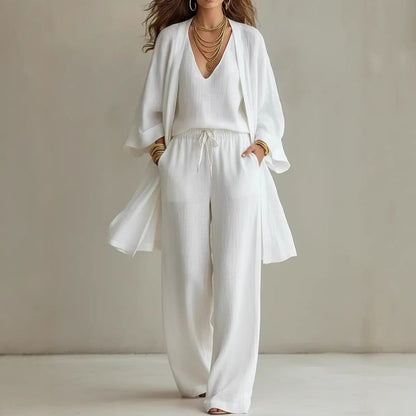 Women's V-Neck Cardigan Coat, Pocket Vest & Long Pants Three-Piece Set FitiqueFit