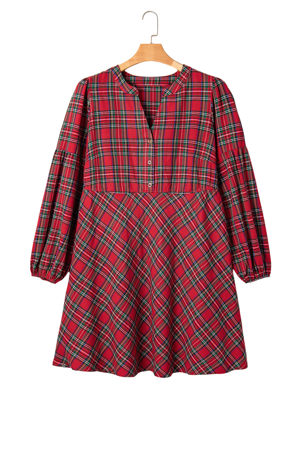 Red Plus Size Plaid Half Button Long Sleeve Holiday Dress Garden Naked Curves