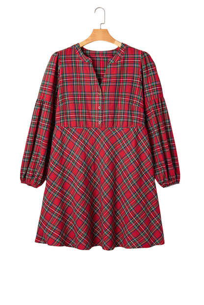 Red Plus Size Plaid Half Button Long Sleeve Holiday Dress Garden Naked Curves
