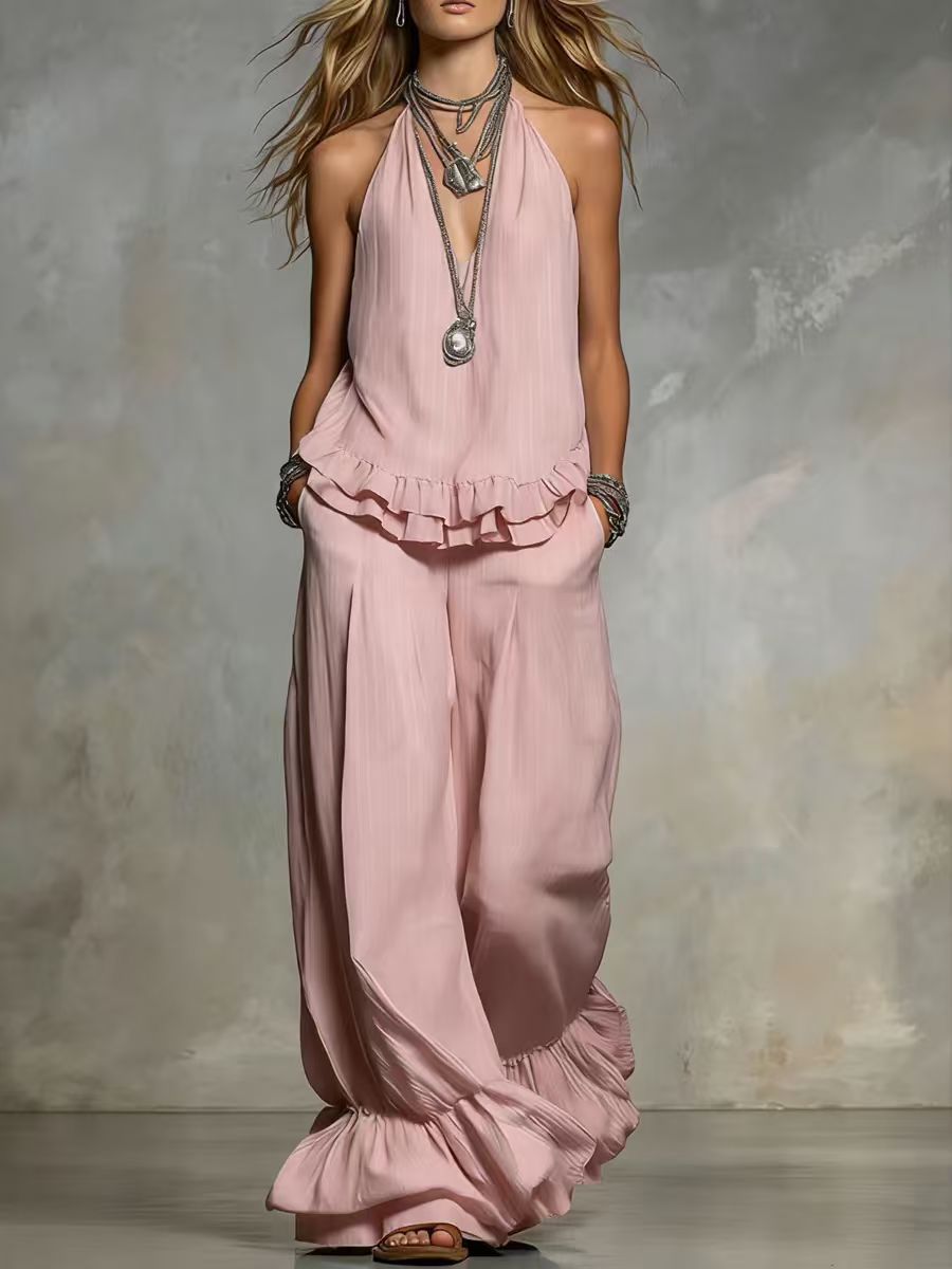 Women's V-Neck Ruffle-Trim Puff-Sleeve Two-Piece Set FitiqueFit