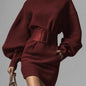 Women’s Brown Bodycon Mini Dress — Boat Neck, Long Sleeve FitiqueFit