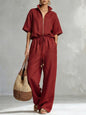 Women's Zip-Up Crew-Neck Top & Wide-Leg Pants Set FitiqueFit