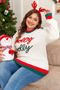 White Tinsel holly jolly Pattern Colorblock Edge Drop Shoulder Plus Size Sweater Garden Naked Curves