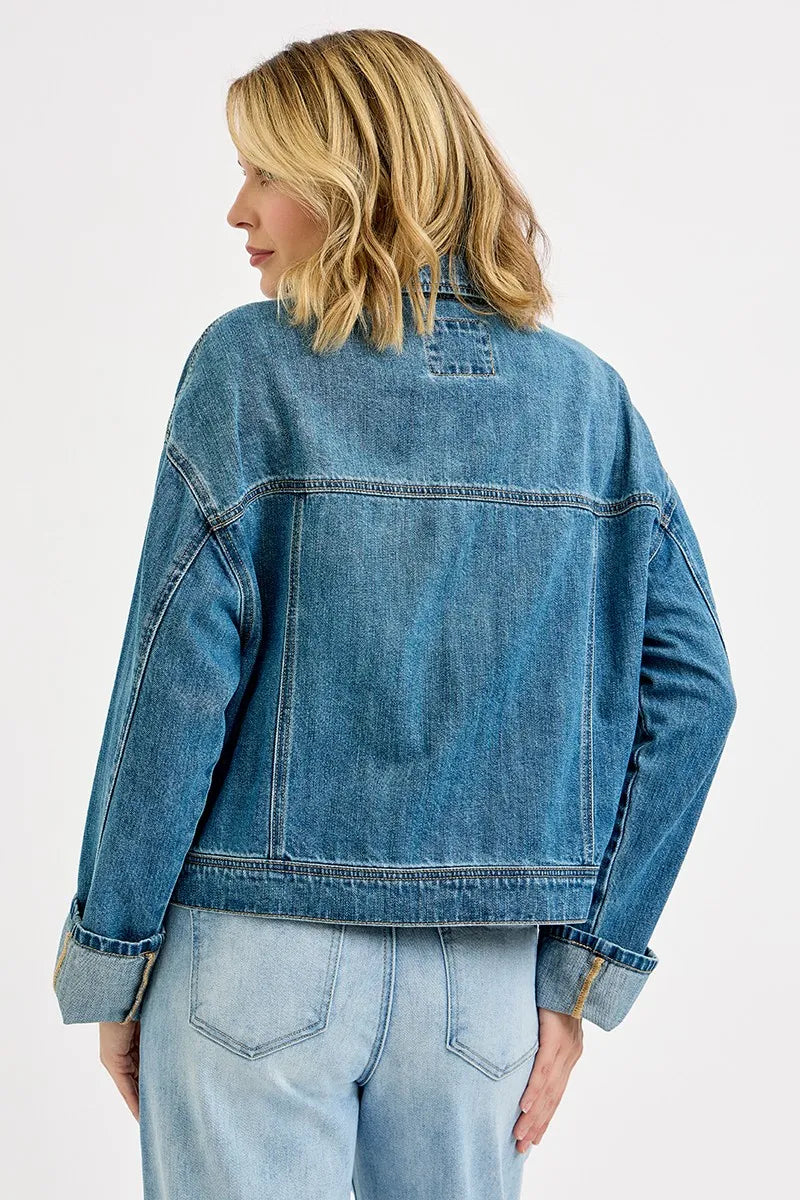 RISEN Oversized Cargo Pocket Denim Jacket with Cuffed Sleeves West2East Surf