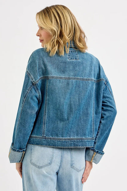 RISEN Oversized Cargo Pocket Denim Jacket with Cuffed Sleeves West2East Surf