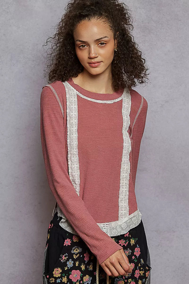 POL Contrast Round Neck Long Sleeve Ribbed Top with Eyelet Patch West2East Surf