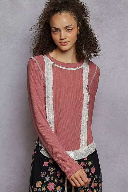 POL Contrast Round Neck Long Sleeve Ribbed Top with Eyelet Patch West2East Surf