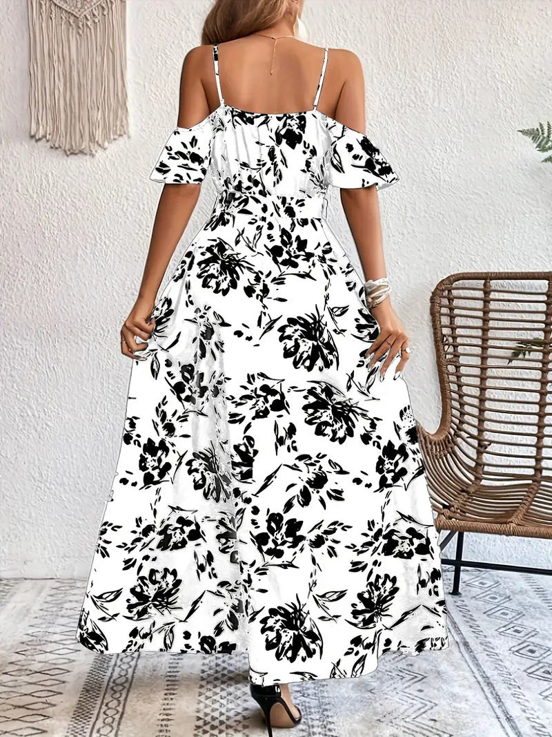 Ins Off-Shoulder Split Dress Summer Floral Print Suspender Long Dresses With Belt Design Women's Beach Clothing Grayceful LLC