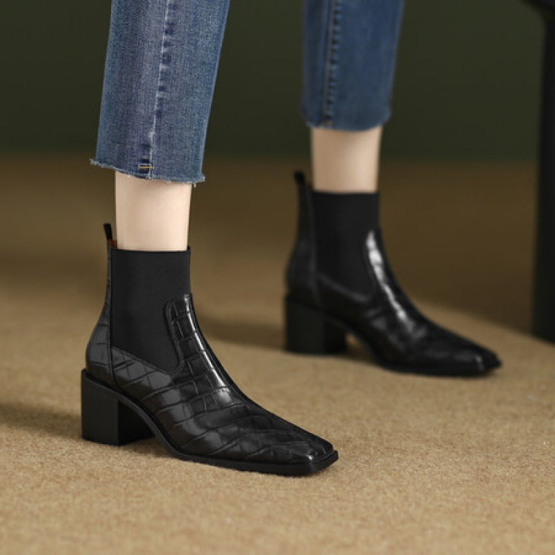 Women's Cowhide Square Toe Chunky Heel Pumps – Vintage Minimalist High Heels FitiqueFit