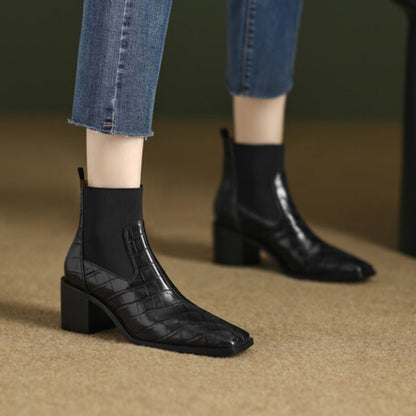 Women's Cowhide Square Toe Chunky Heel Pumps – Vintage Minimalist High Heels FitiqueFit